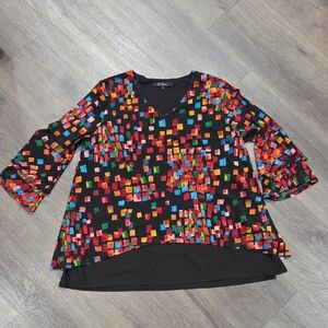 Coldwater Creek Black Multicolor Square-Print V-Neck Blouse